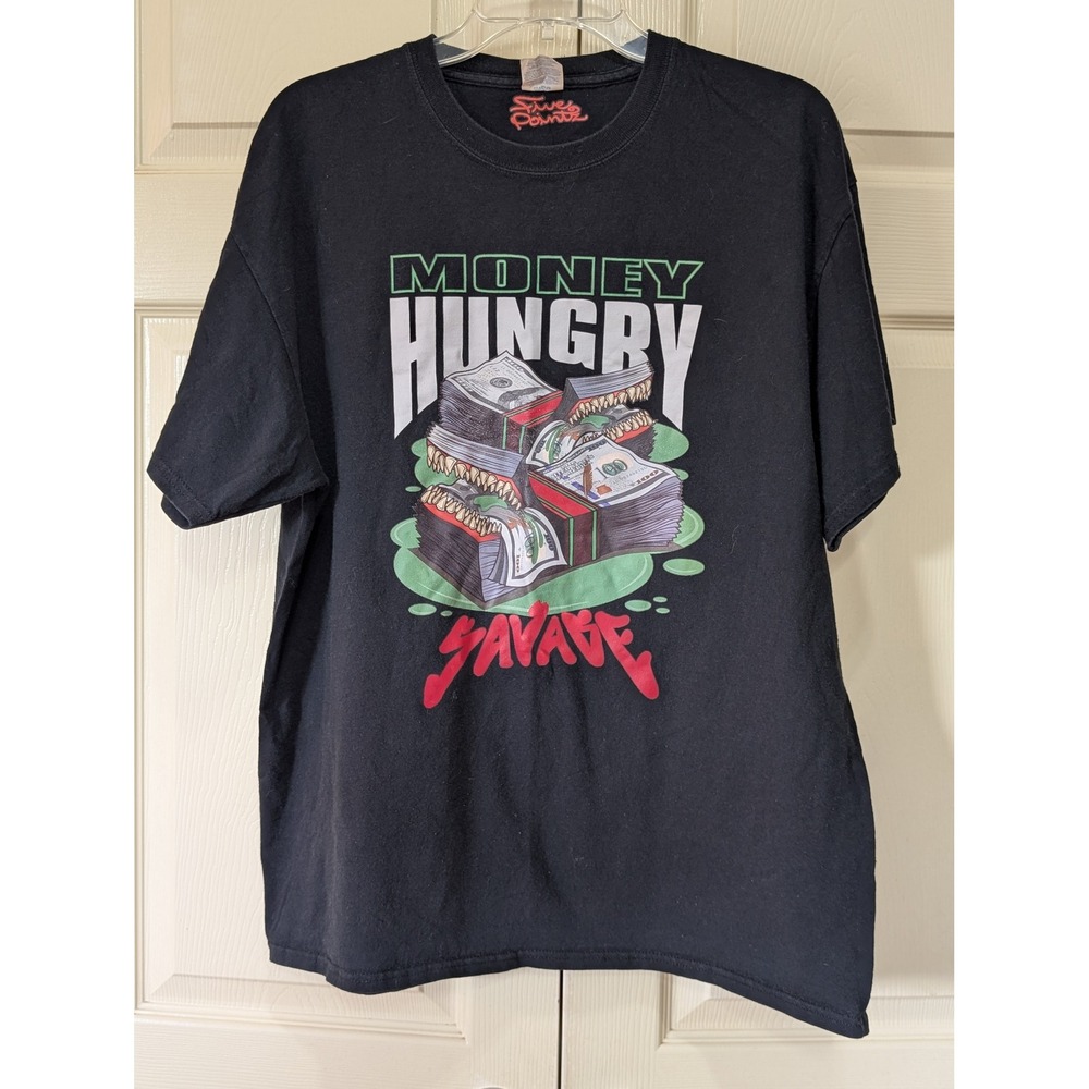 Five Pointz Money Hungry Savage Black Graphic T-Shirt XL Streetwear Y2K Vibe